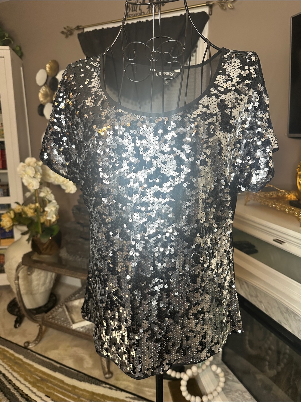 Express Silver Sequin Short Sleeve Tee